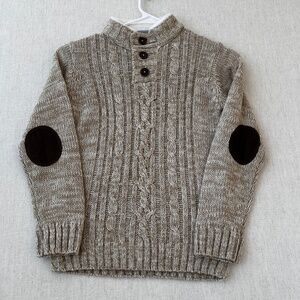 Little Lad Boys Size 7 Cable Knit Sweater Tan Brown Elbow Patches Faux Fur Lined